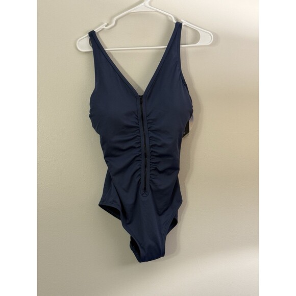 TYR Solid V-Neck Zip Controlfit Swimsuit for Women, 12, Storm - Picture 1 of 6